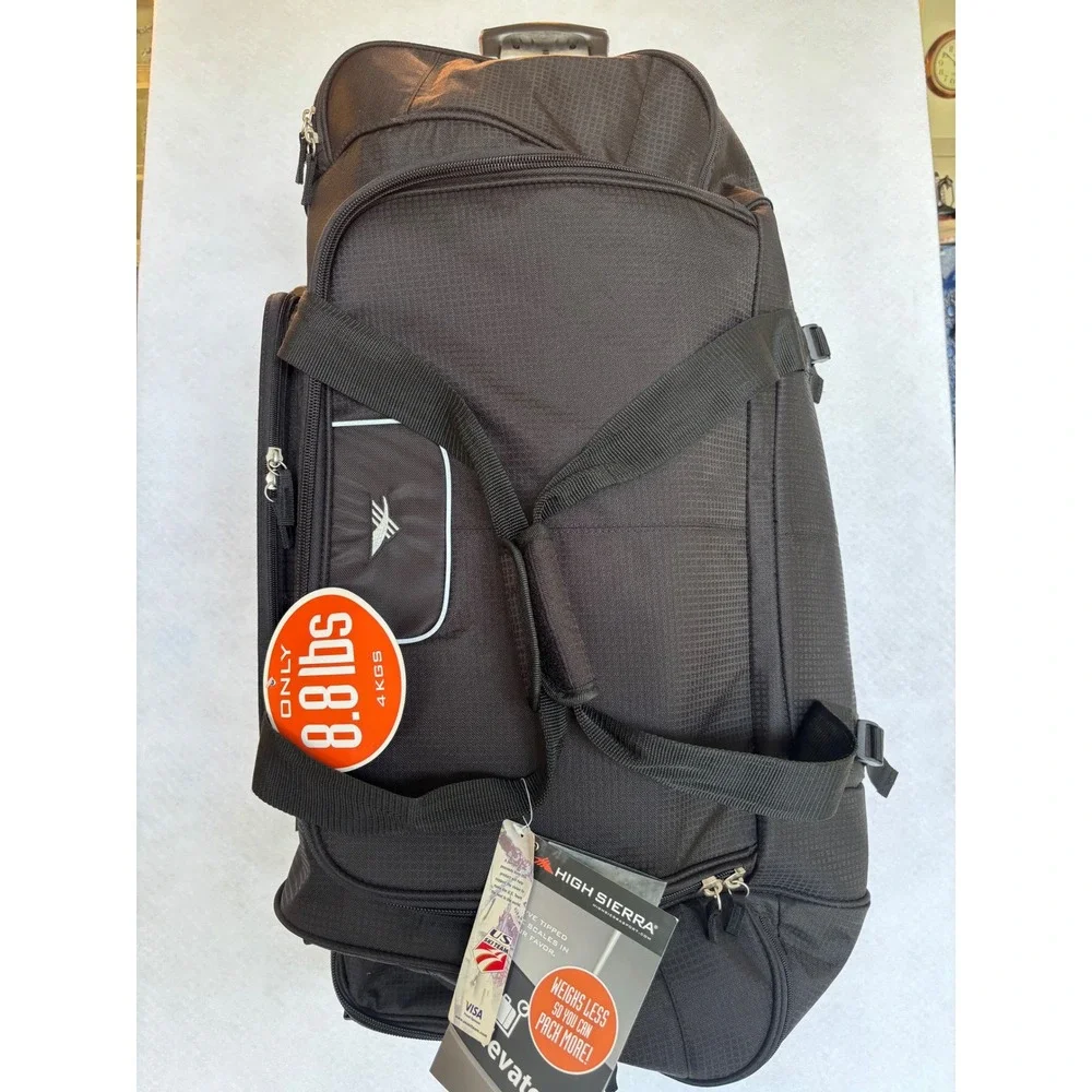 High Sierra Elevate 34 Inch Drop Bottom Wheeled Duffel Travel Bag Black Suitcase